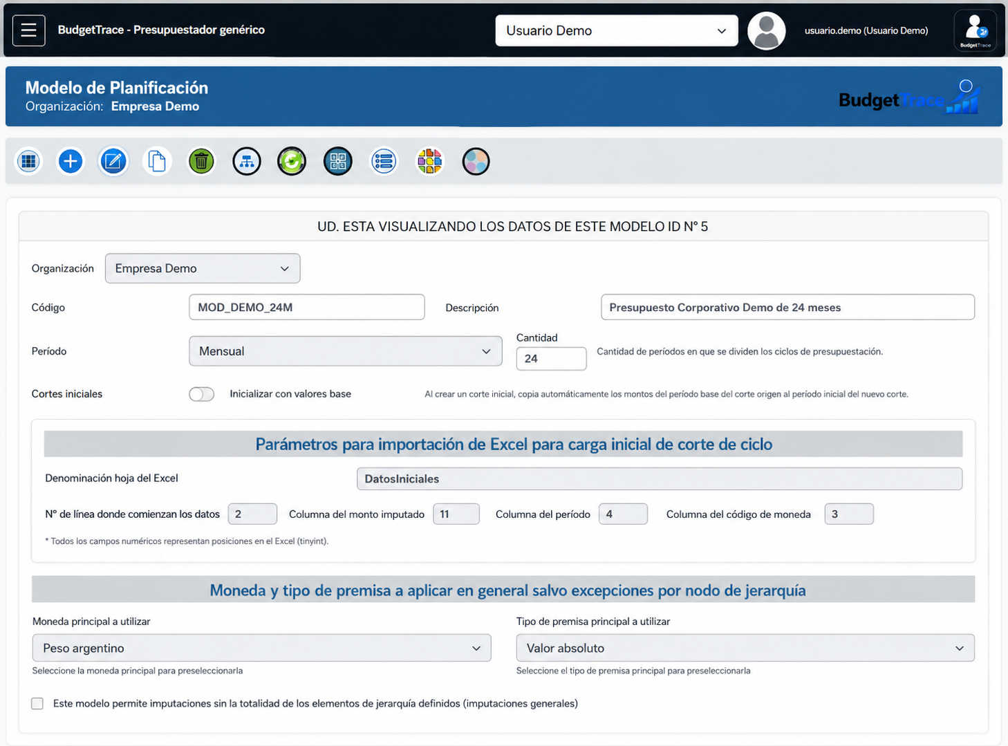 Pantalla real de BudgetTrace para configurar un modelo de planificación de una empresa demo